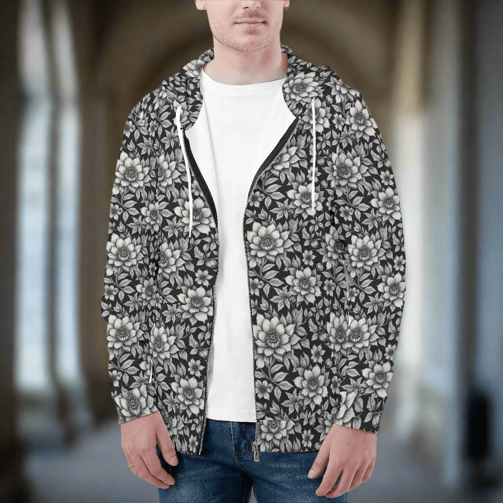Men's Black and White Bloom Classic Zip Up Hoodie Warm Jacket - DeRose Seasonal