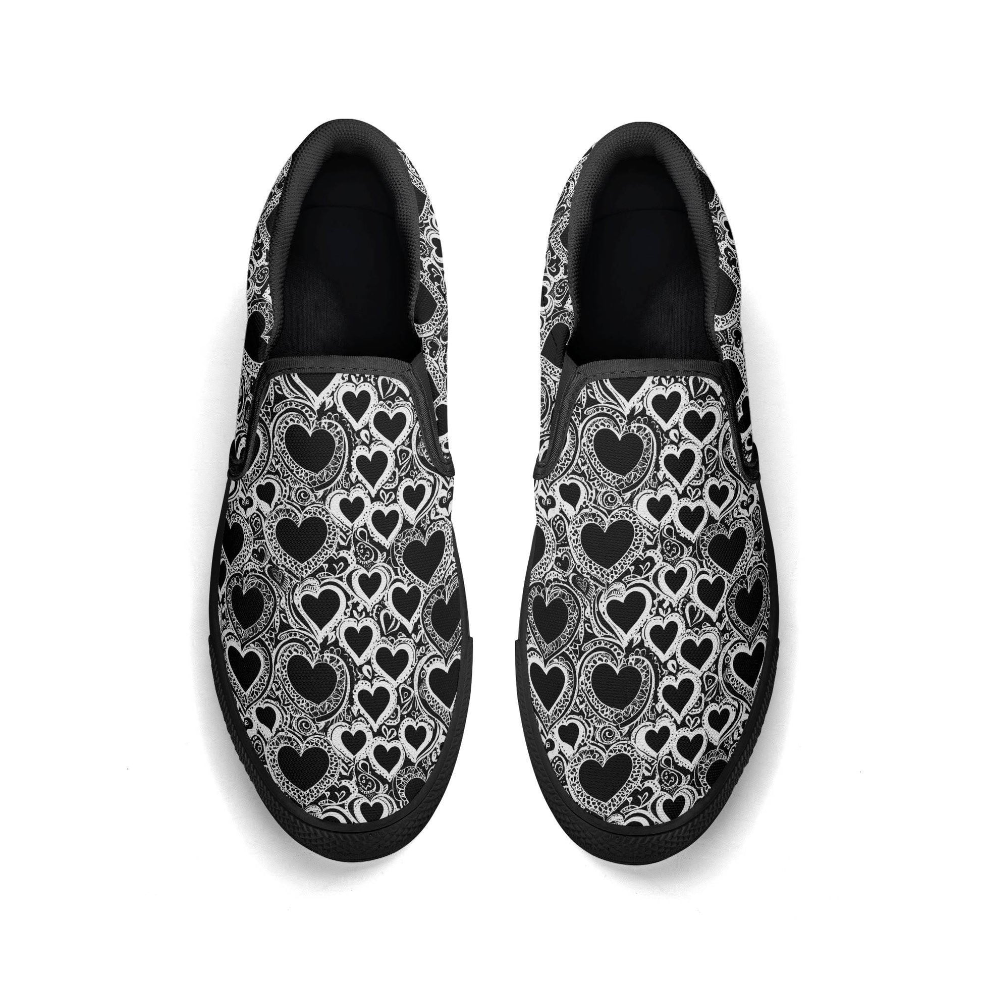 Men's Black and White Groovy Hearts Rubber Slip On Shoes - DeRose Seasonal