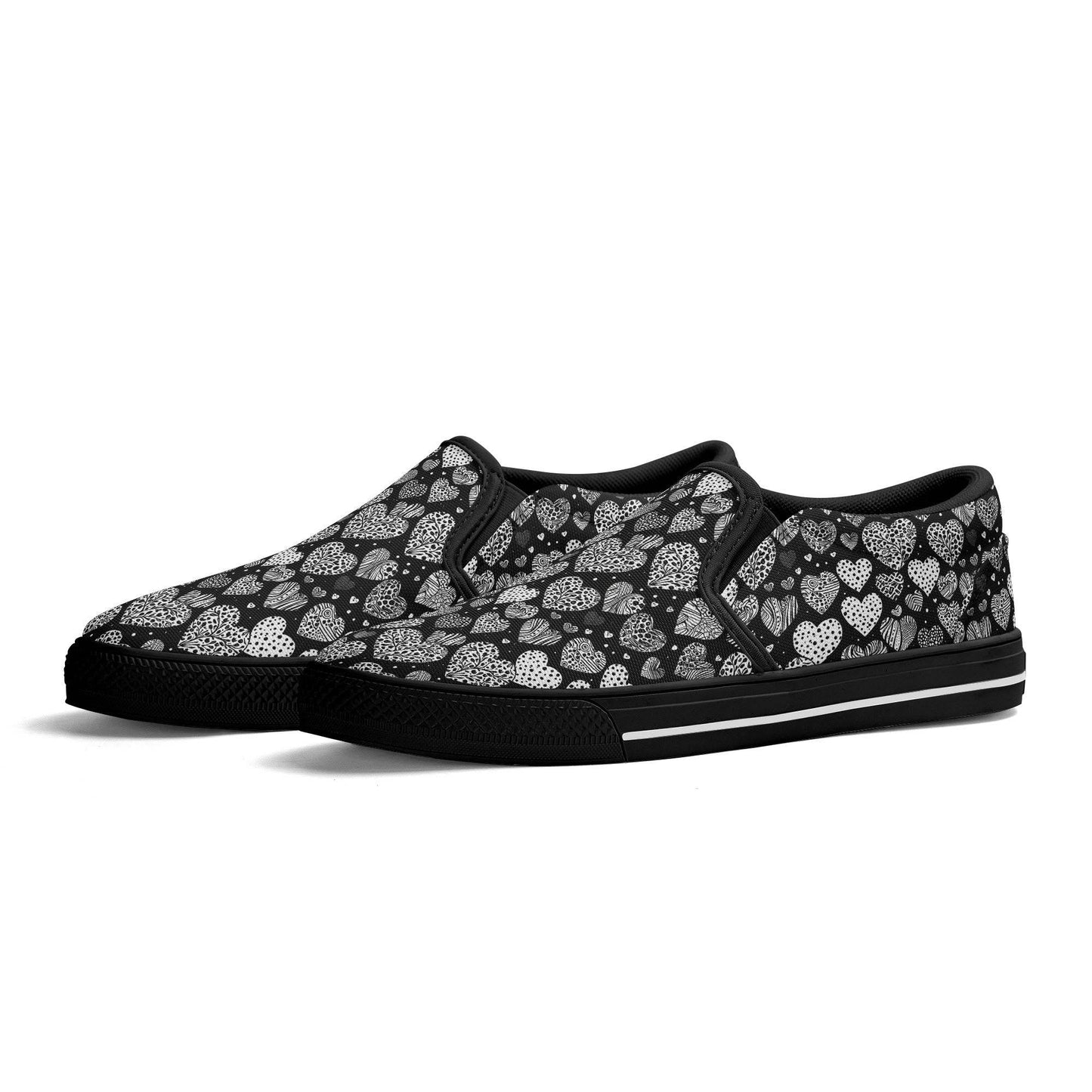 Men's Black and White Hearts Rubber Slip On Shoes - DeRose Seasonal