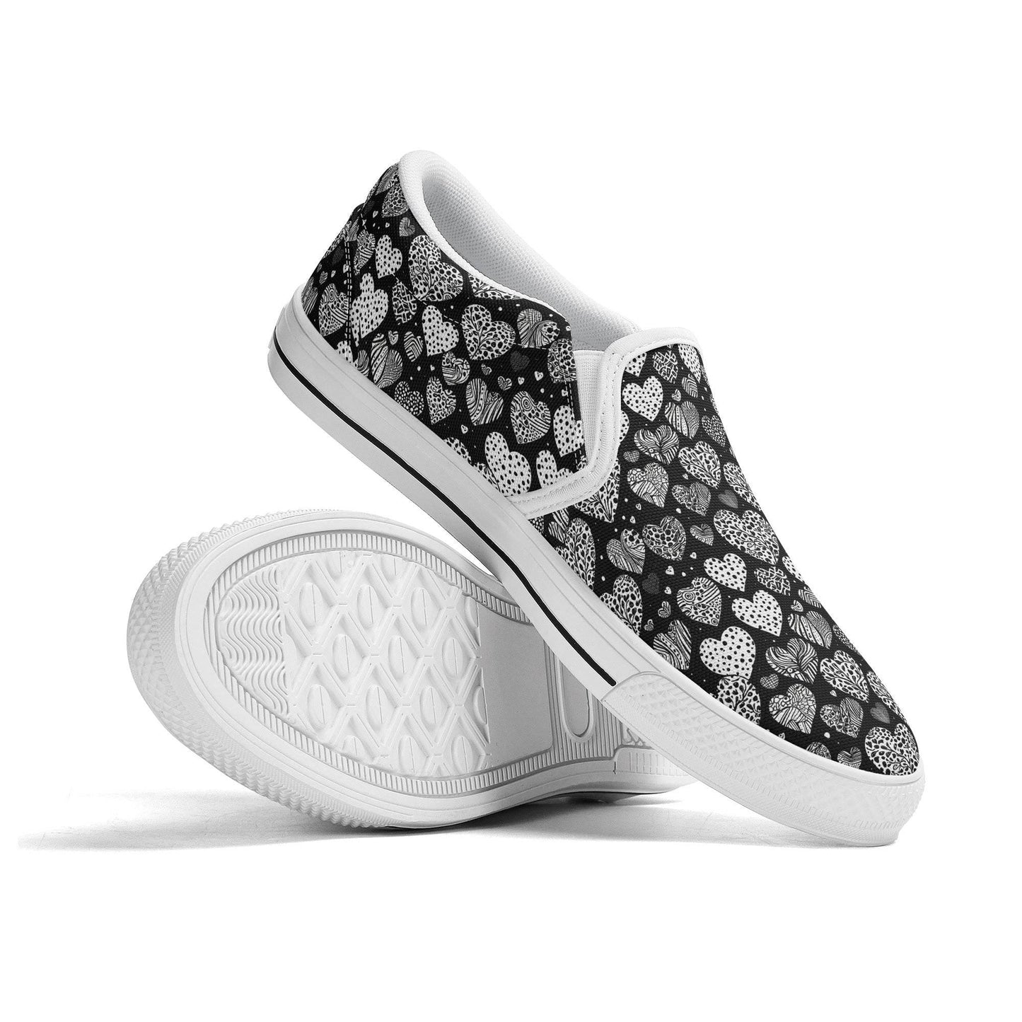 Men's Black and White Hearts Rubber Slip On Shoes - DeRose Seasonal