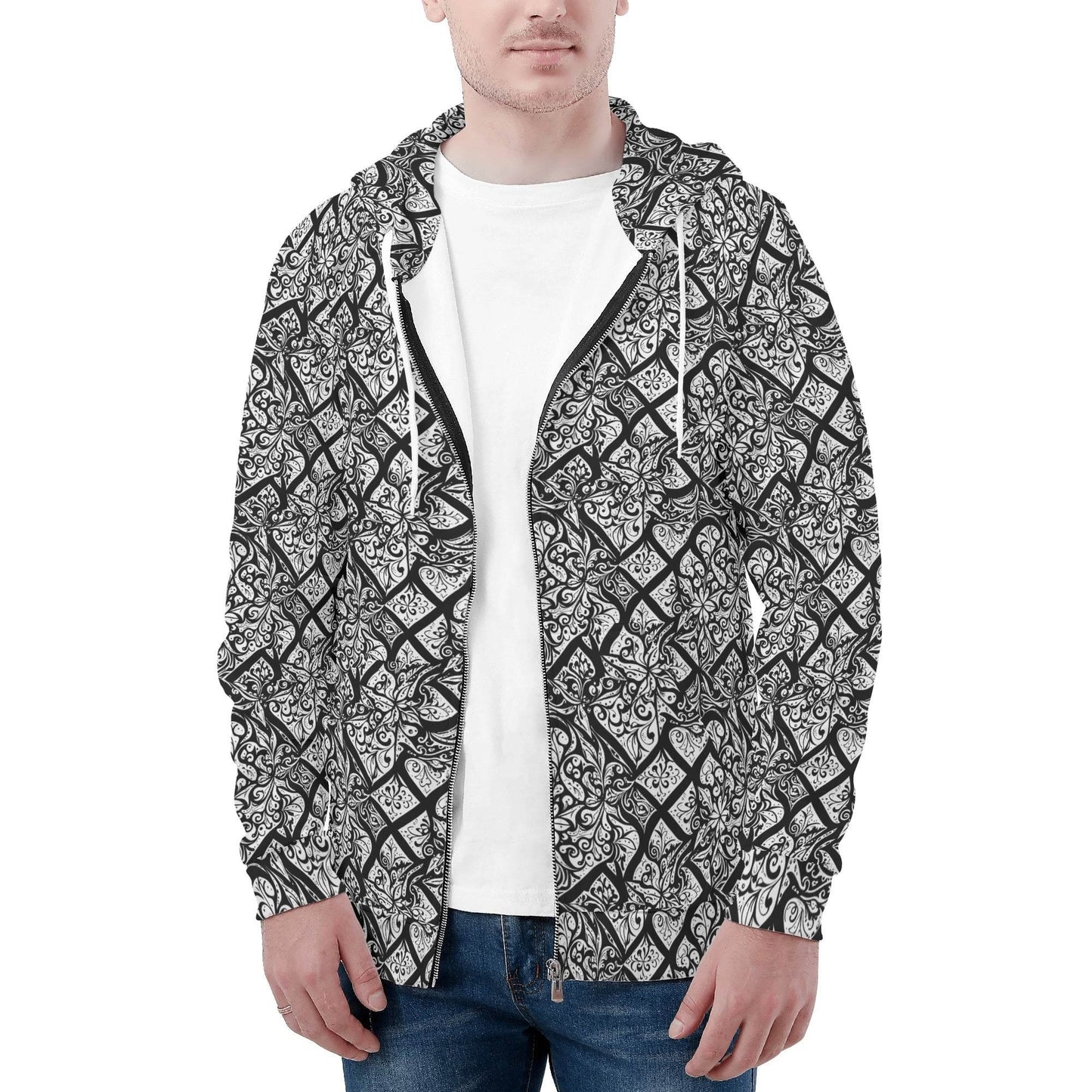 Men's Crosshatch Floral Classic Zip Up Hoodie Warm Jacket - DeRose Seasonal