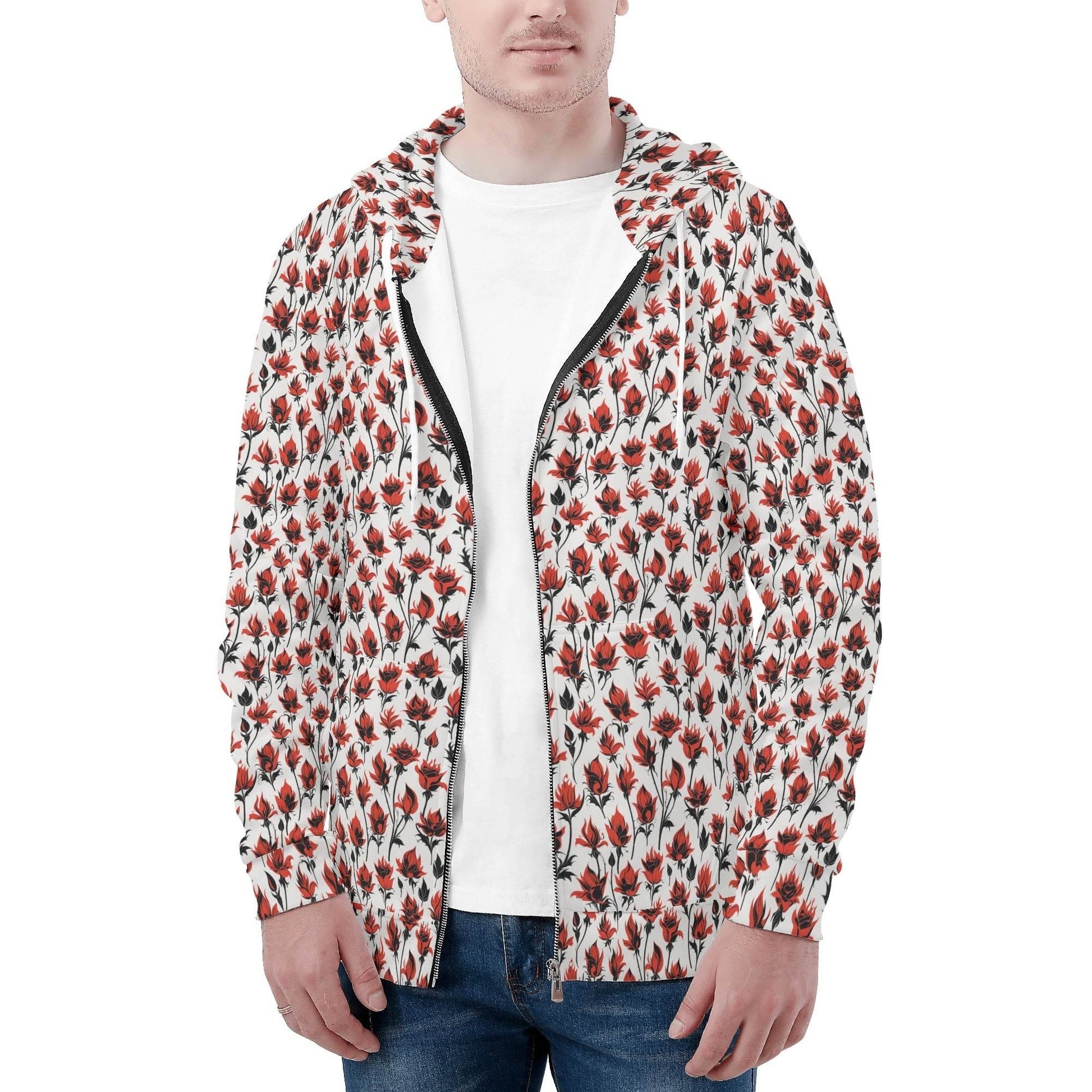 Mens Floral Fire Classic Zip Up Hoodie Warm Jacket - DeRose Seasonal