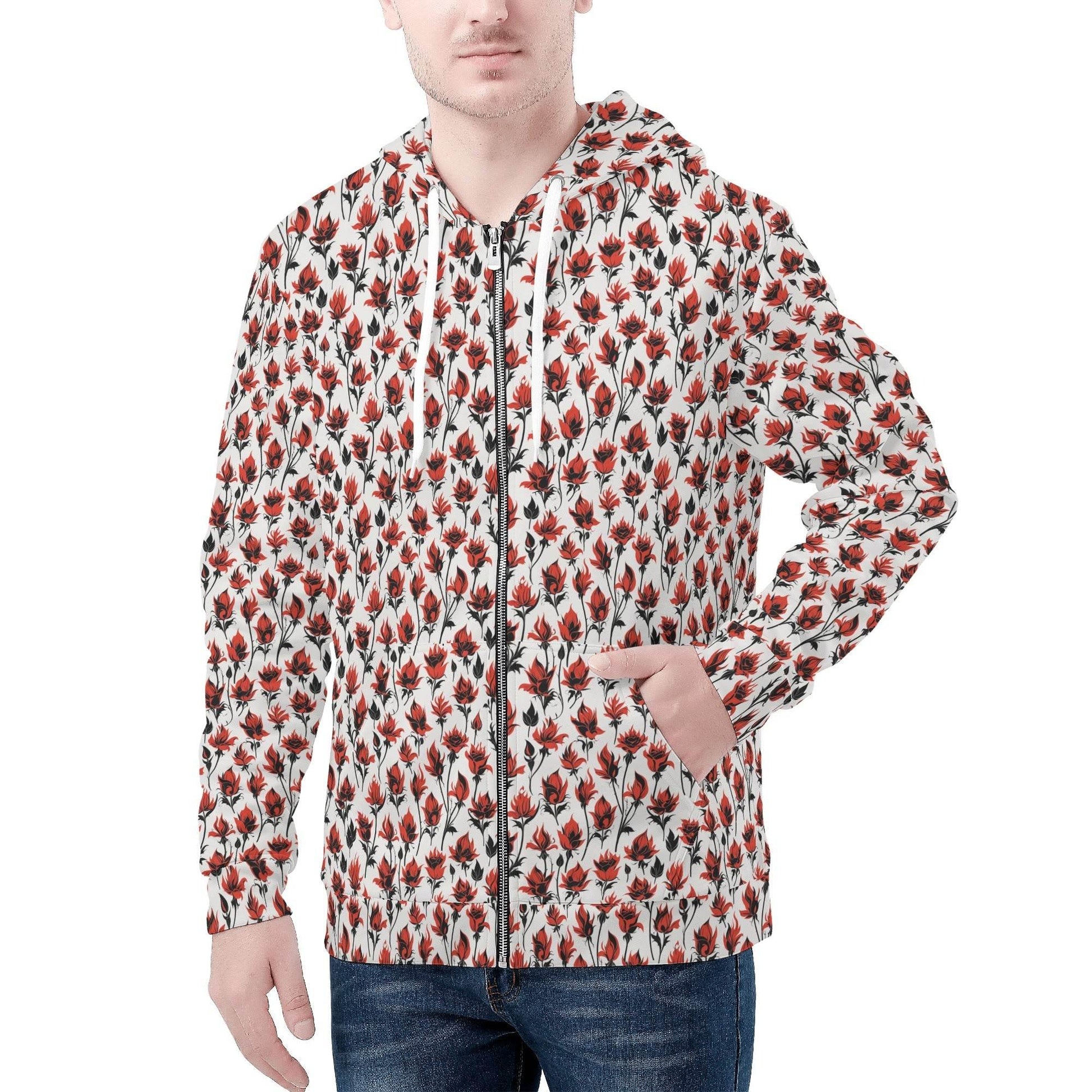 Mens Floral Fire Classic Zip Up Hoodie Warm Jacket - DeRose Seasonal