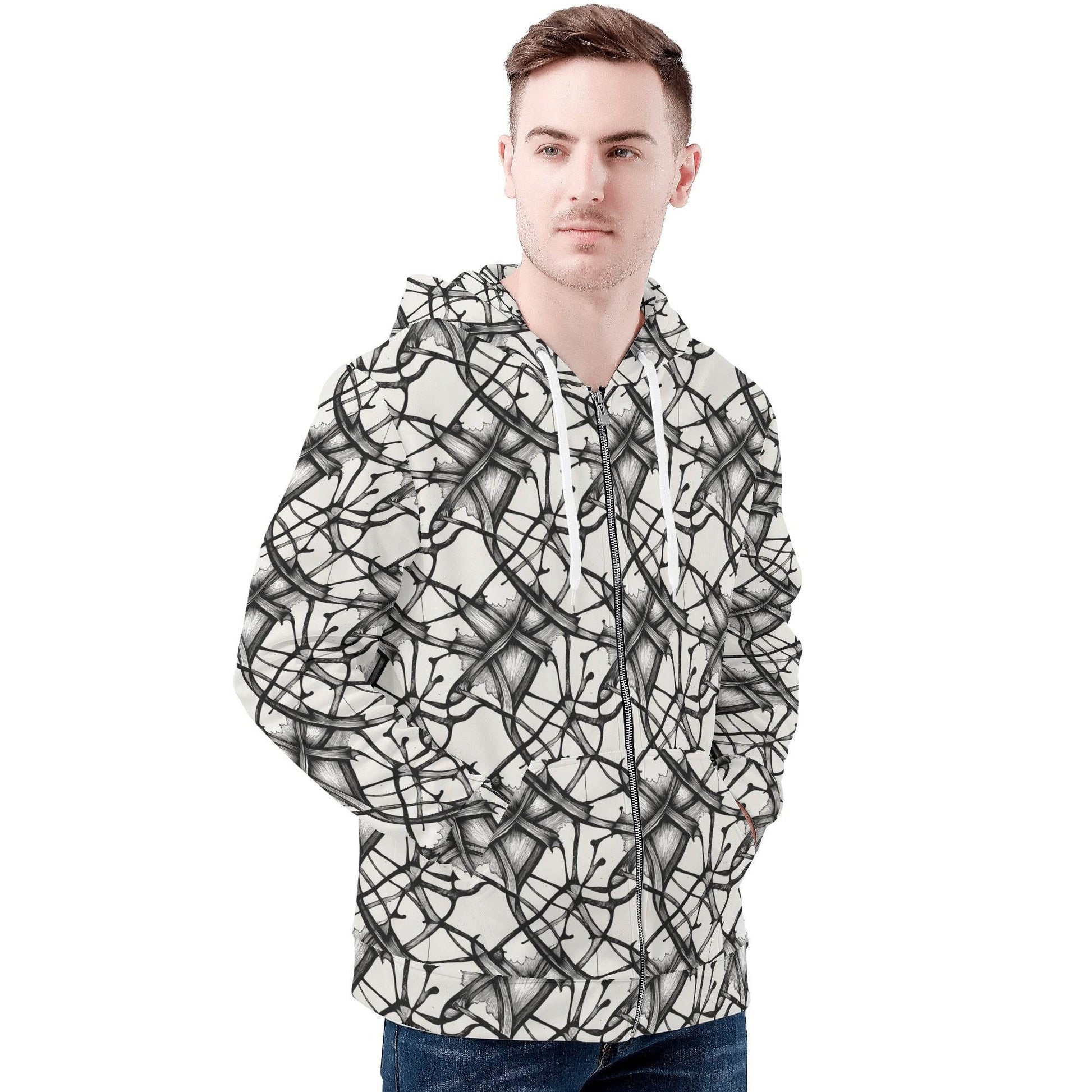 Men's Ink Floral Classic Zip Up Hoodie Warm Jacket - DeRose Seasonal
