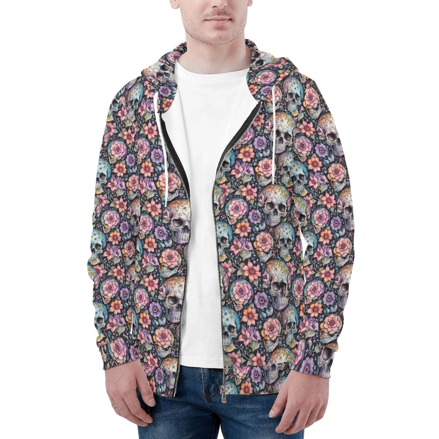 Men's Pastel Floral and Skulls Classic Zip Up Hoodie Warm Jacket - DeRose Seasonal