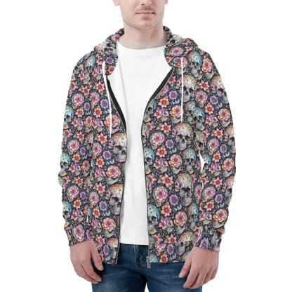 Men's Pastel Floral and Skulls Classic Zip Up Hoodie Warm Jacket - DeRose Seasonal