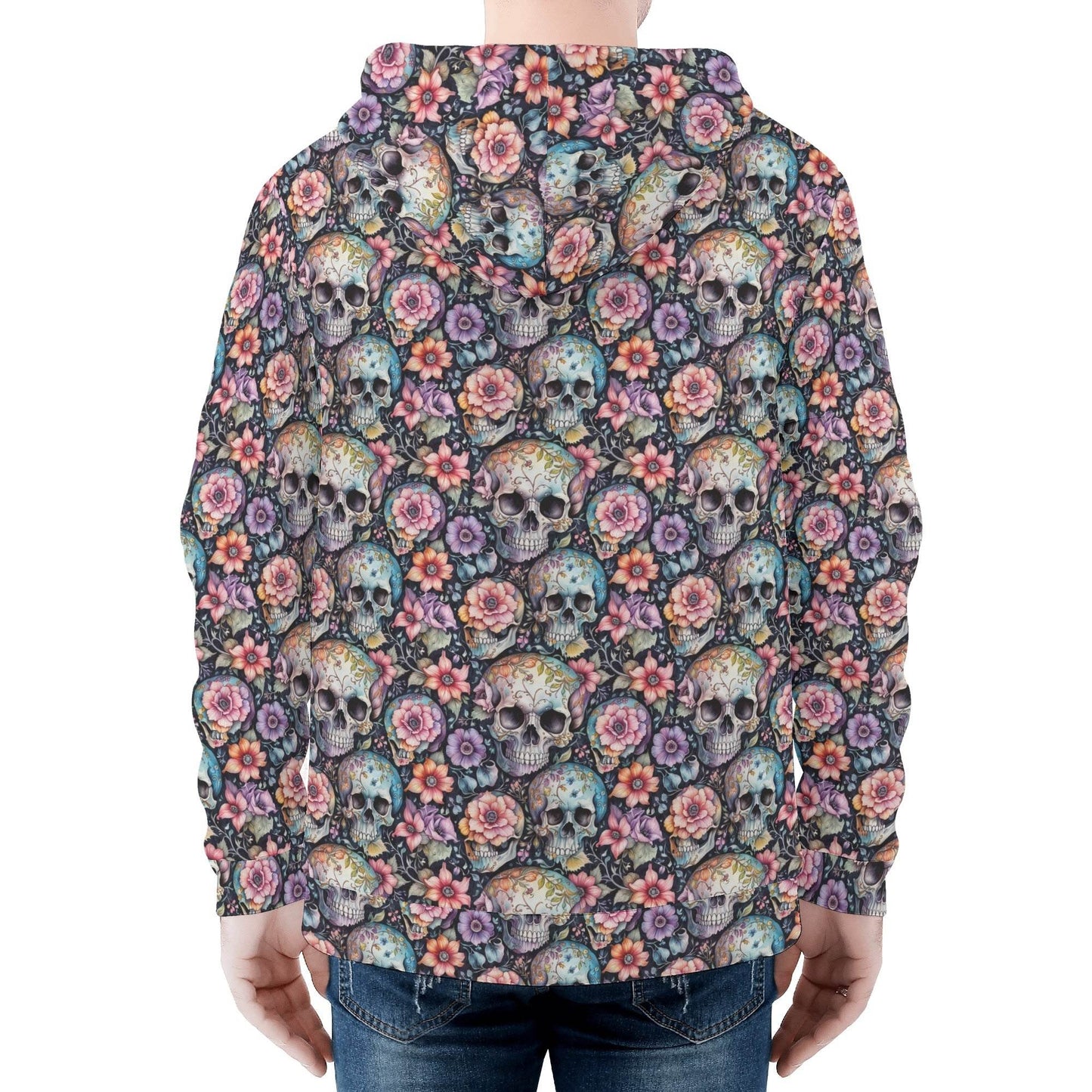 Men's Pastel Floral and Skulls Classic Zip Up Hoodie Warm Jacket - DeRose Seasonal