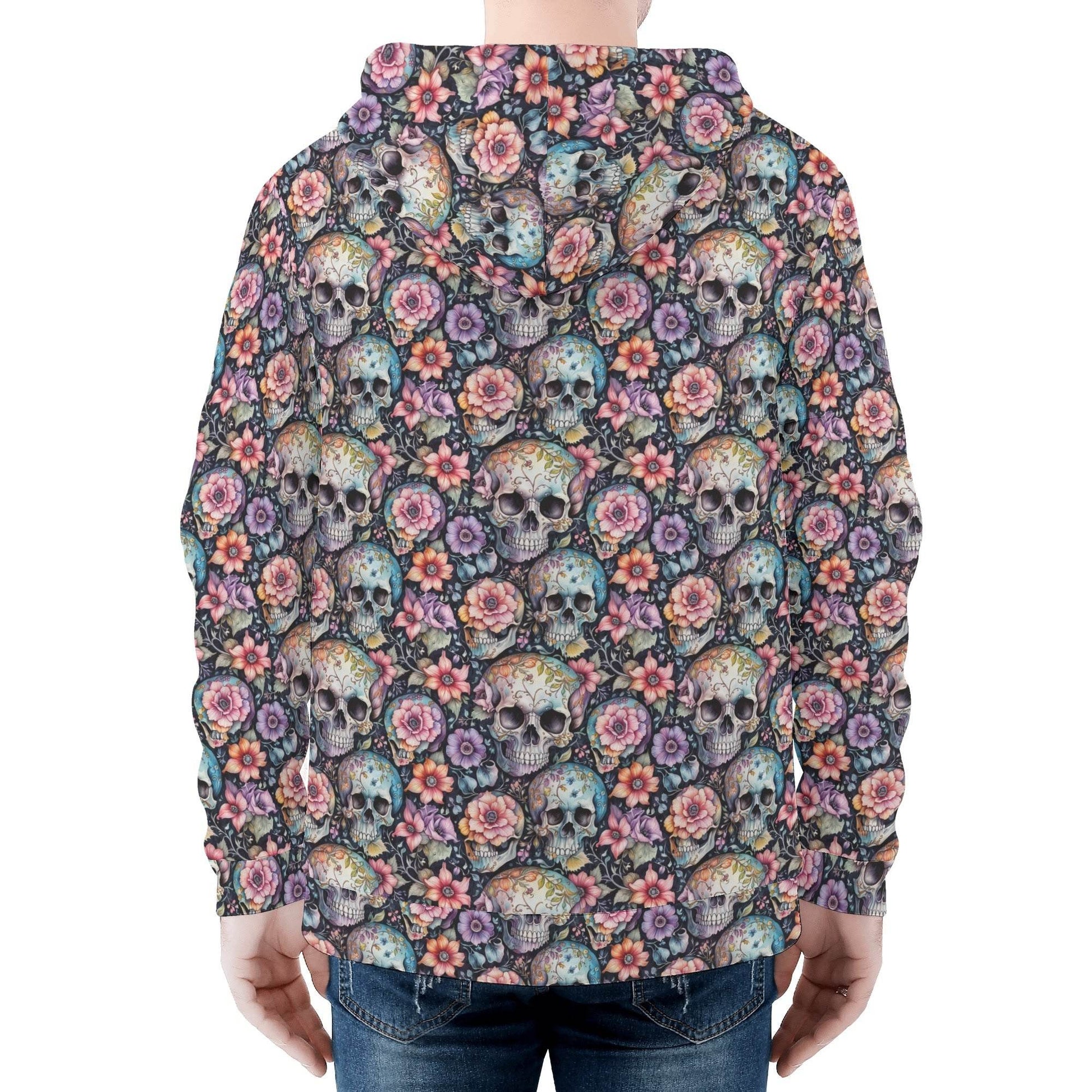 Men's Pastel Floral and Skulls Classic Zip Up Hoodie Warm Jacket - DeRose Seasonal