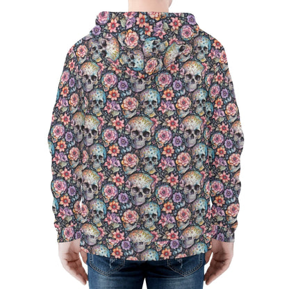 Men's Pastel Floral and Skulls Classic Zip Up Hoodie Warm Jacket - DeRose Seasonal