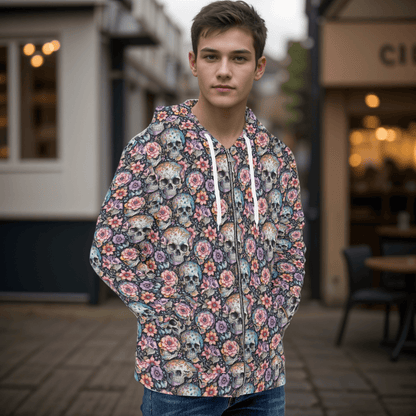 Men's Pastel Floral and Skulls Classic Zip Up Hoodie Warm Jacket - DeRose Seasonal