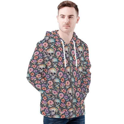Men's Pastel Floral and Skulls Classic Zip Up Hoodie Warm Jacket - DeRose Seasonal