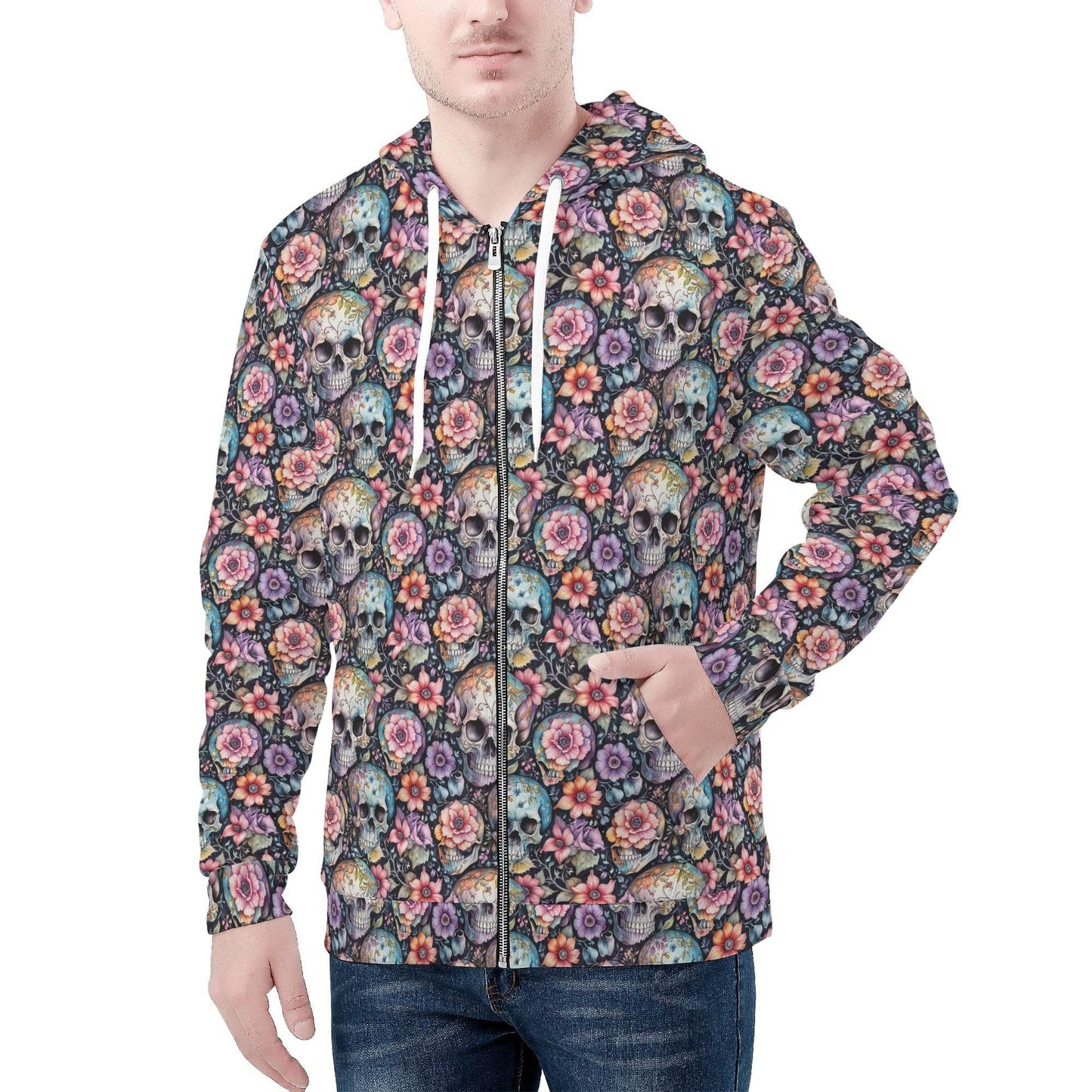 Men's Pastel Floral and Skulls Classic Zip Up Hoodie Warm Jacket - DeRose Seasonal