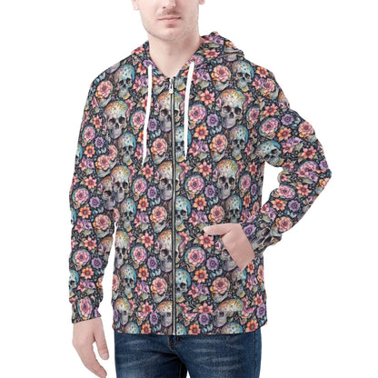 Men's Pastel Floral and Skulls Classic Zip Up Hoodie Warm Jacket - DeRose Seasonal