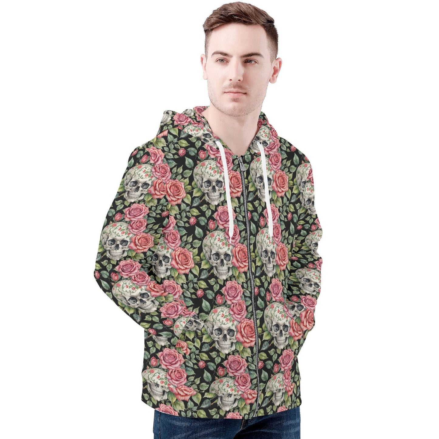 Men's Pink Skulls Classic Zip Up Hoodie Warm Jacket - DeRose Seasonal