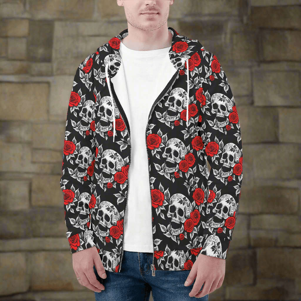Men's Red Skull Rose Classic Zip Up Hoodie Warm Jacket - DeRose Seasonal