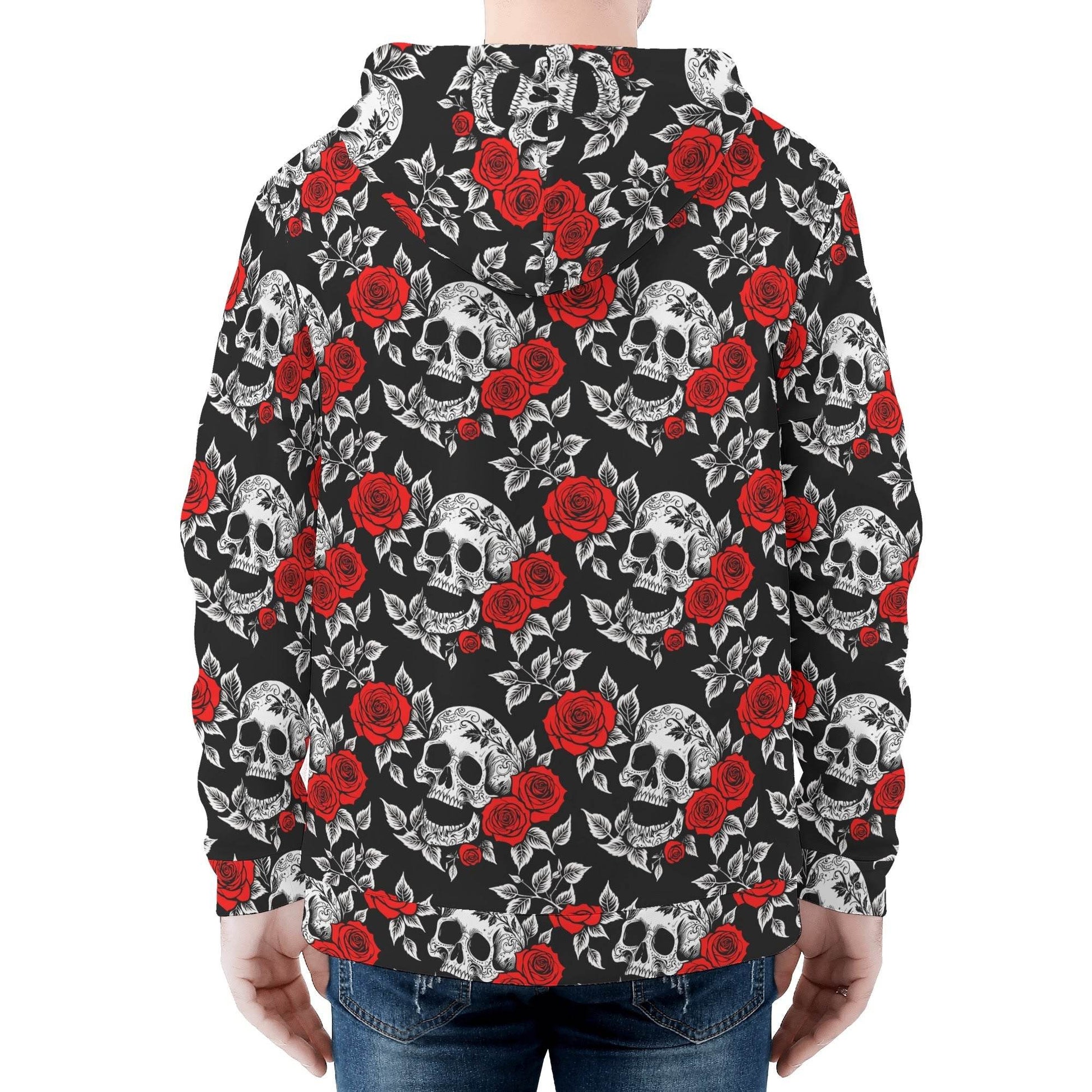 Men's Red Skull Rose Classic Zip Up Hoodie Warm Jacket - DeRose Seasonal