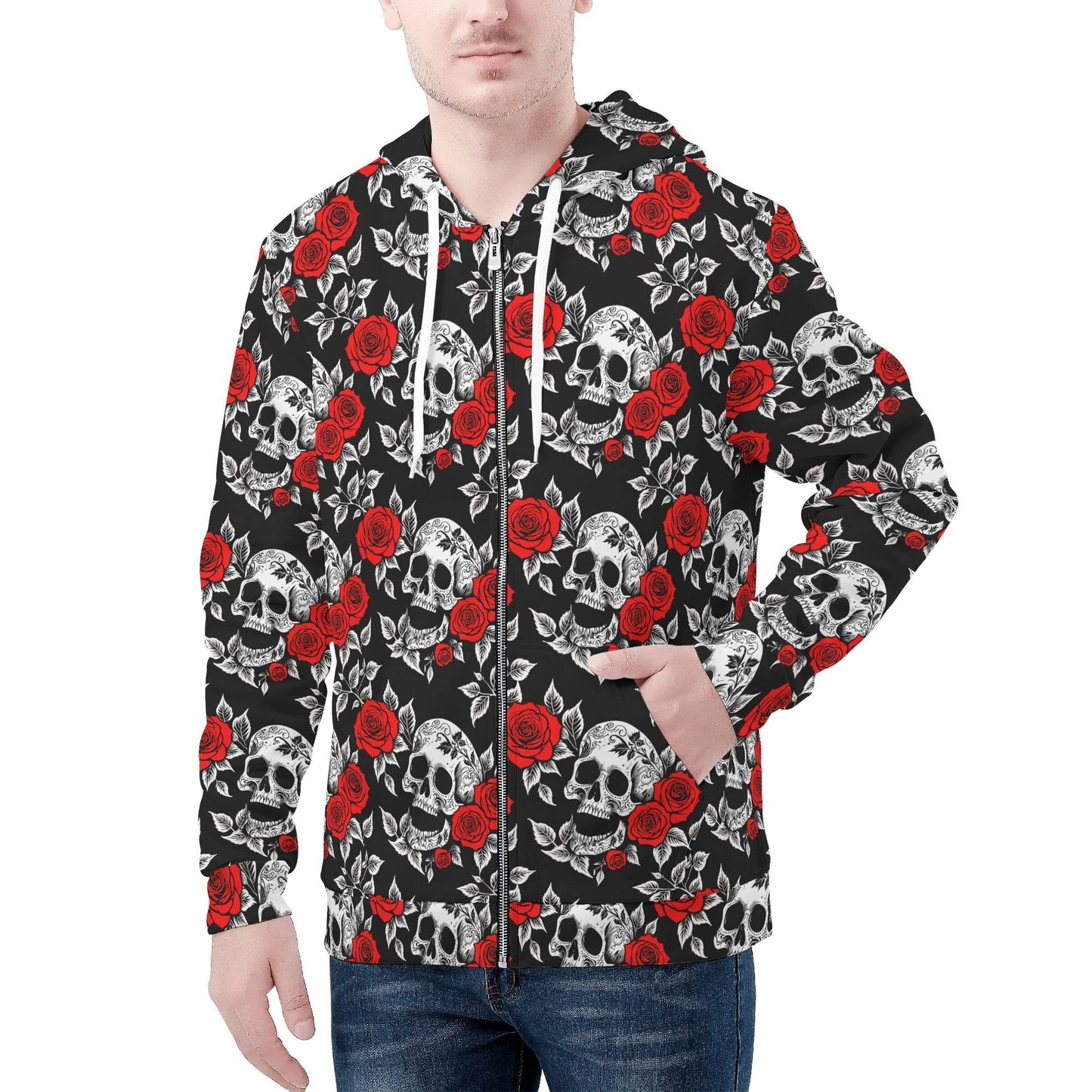 Men's Red Skull Rose Classic Zip Up Hoodie Warm Jacket - DeRose Seasonal