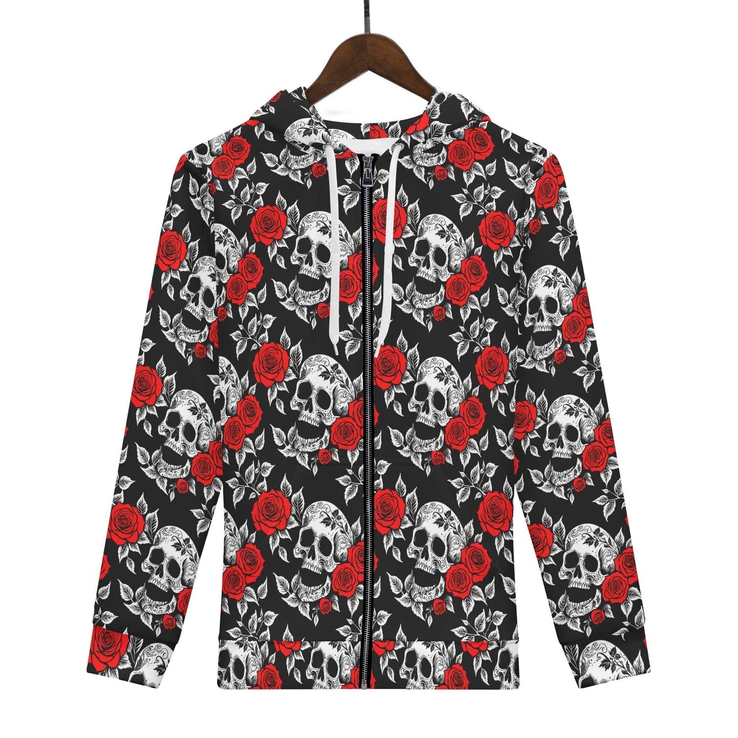 Men's Red Skull Rose Classic Zip Up Hoodie Warm Jacket - DeRose Seasonal