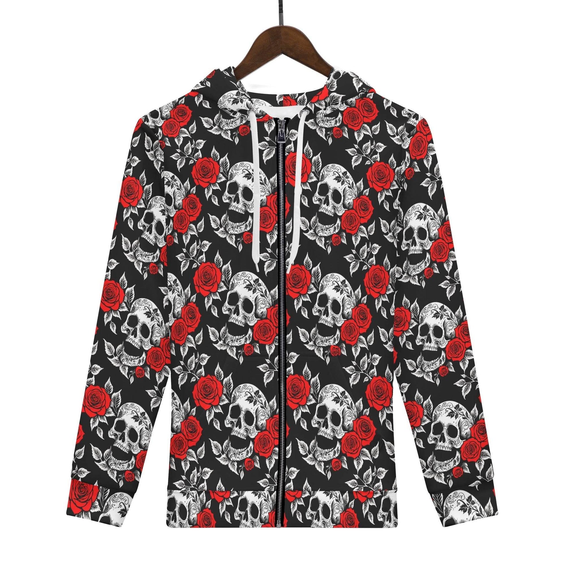 Men's Red Skull Rose Classic Zip Up Hoodie Warm Jacket - DeRose Seasonal