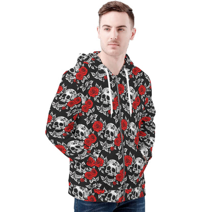 Men's Red Skull Rose Classic Zip Up Hoodie Warm Jacket - DeRose Seasonal
