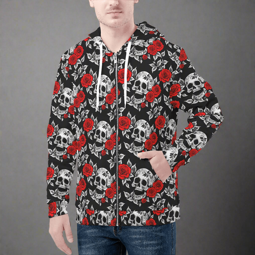 Men's Red Skull Rose Classic Zip Up Hoodie Warm Jacket - DeRose Seasonal