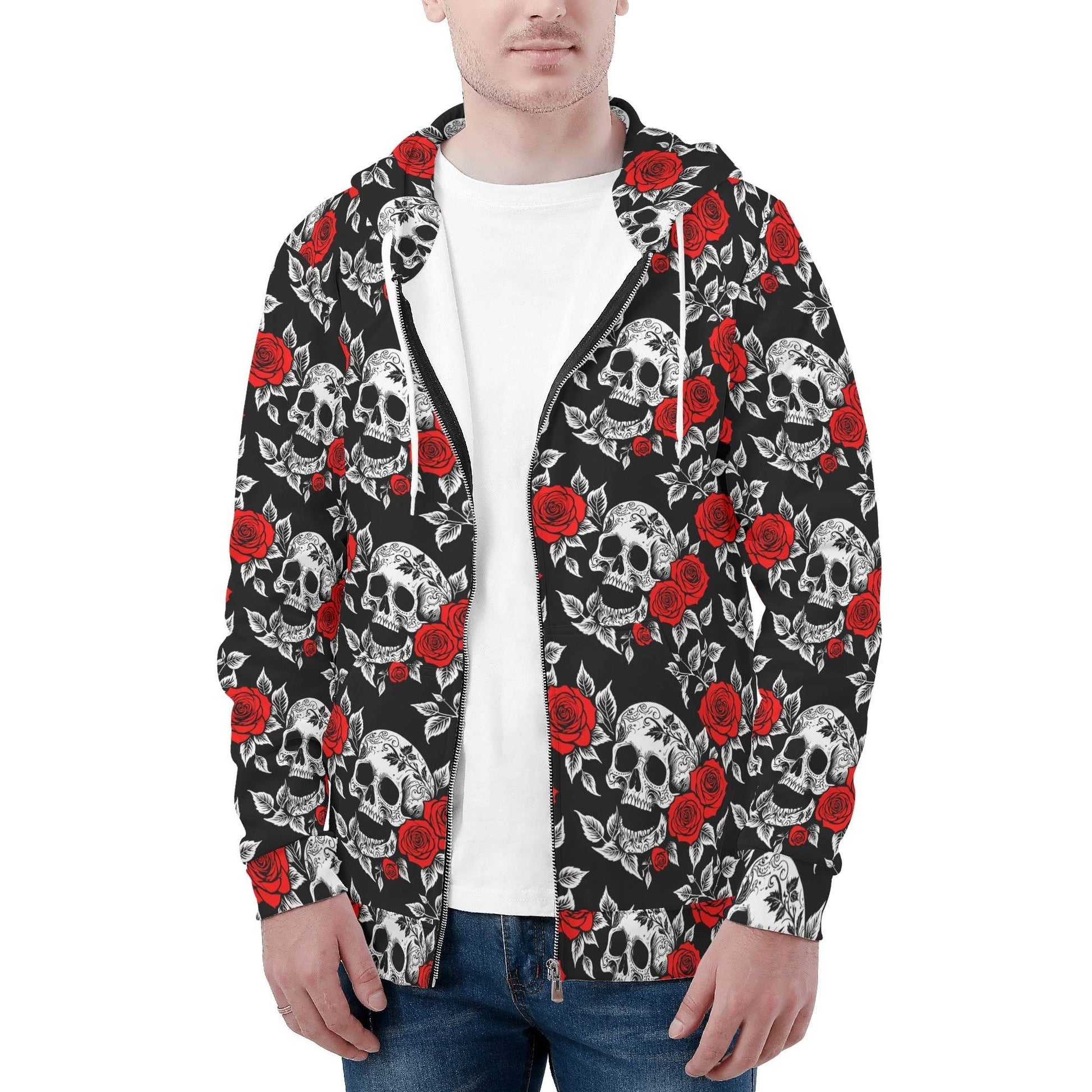 Men's Red Skull Rose Classic Zip Up Hoodie Warm Jacket - DeRose Seasonal