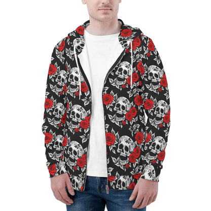 Men's Red Skull Rose Classic Zip Up Hoodie Warm Jacket - DeRose Seasonal