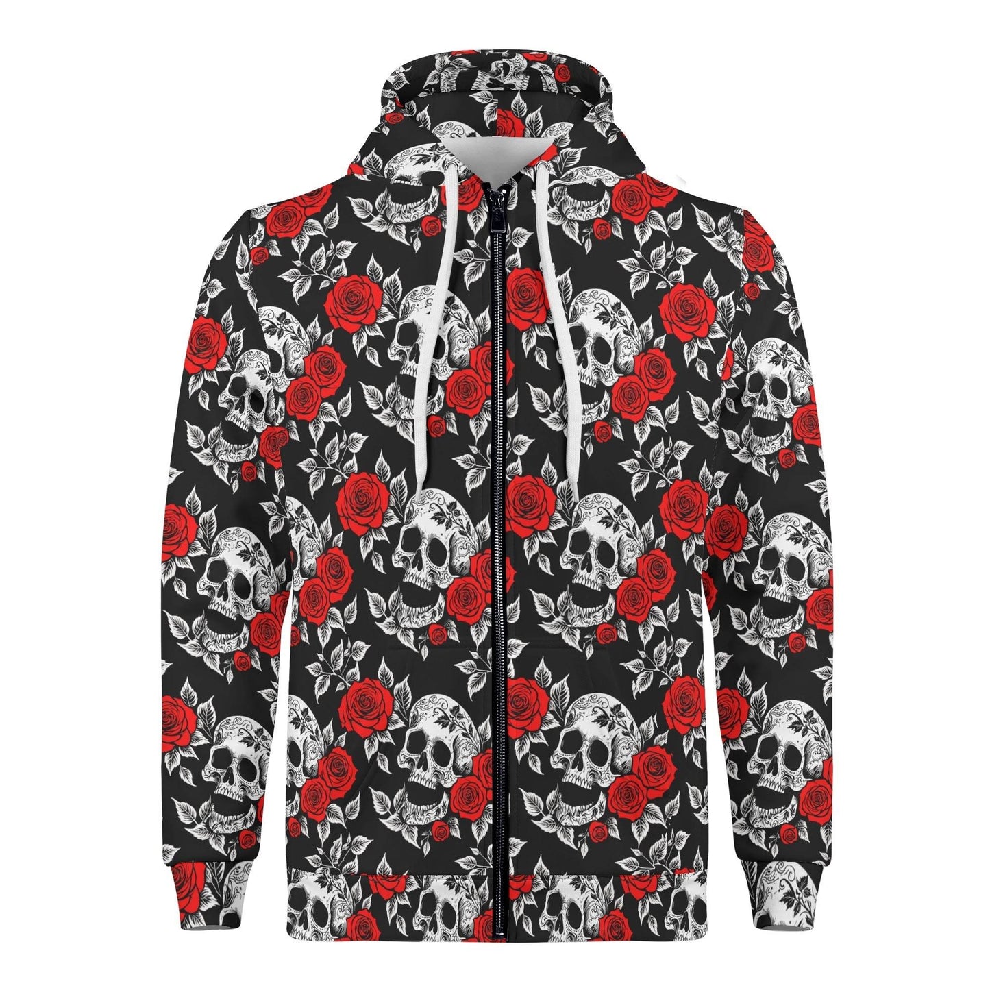 Men's Red Skull Rose Classic Zip Up Hoodie Warm Jacket - DeRose Seasonal