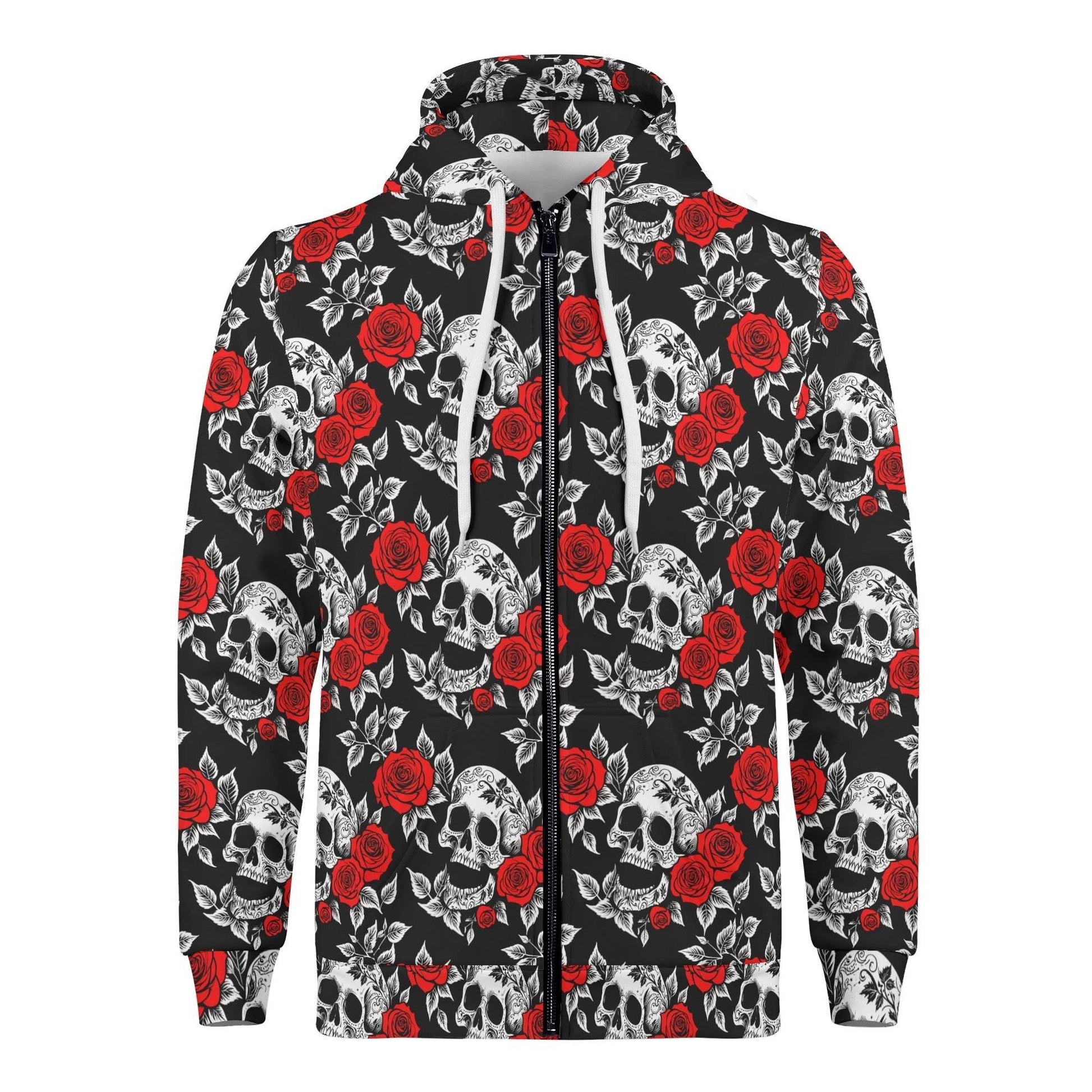 Men's Red Skull Rose Classic Zip Up Hoodie Warm Jacket - DeRose Seasonal