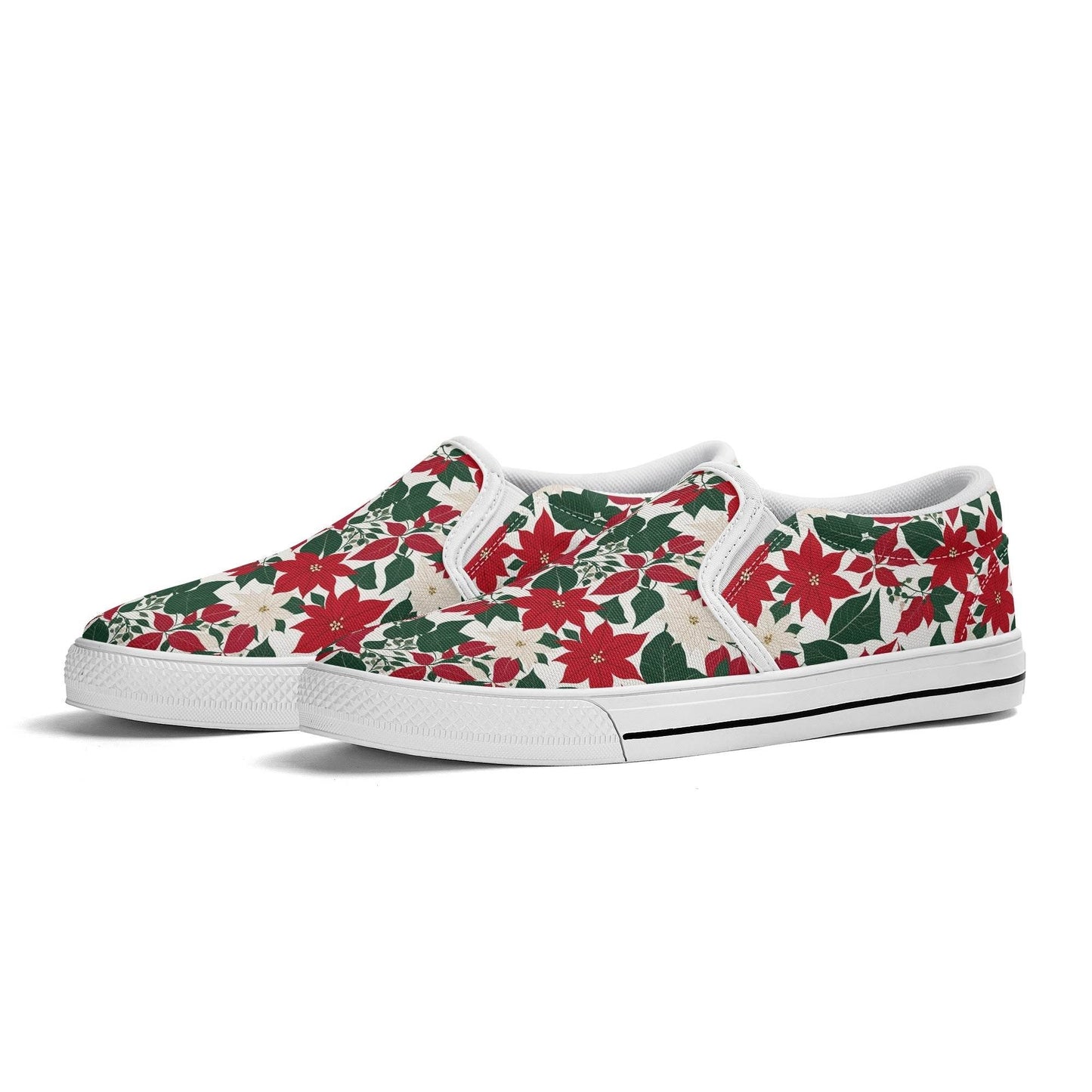 Men's Red and White Poinsettia Flower Rubber Slip On Shoes - DeRose Seasonal