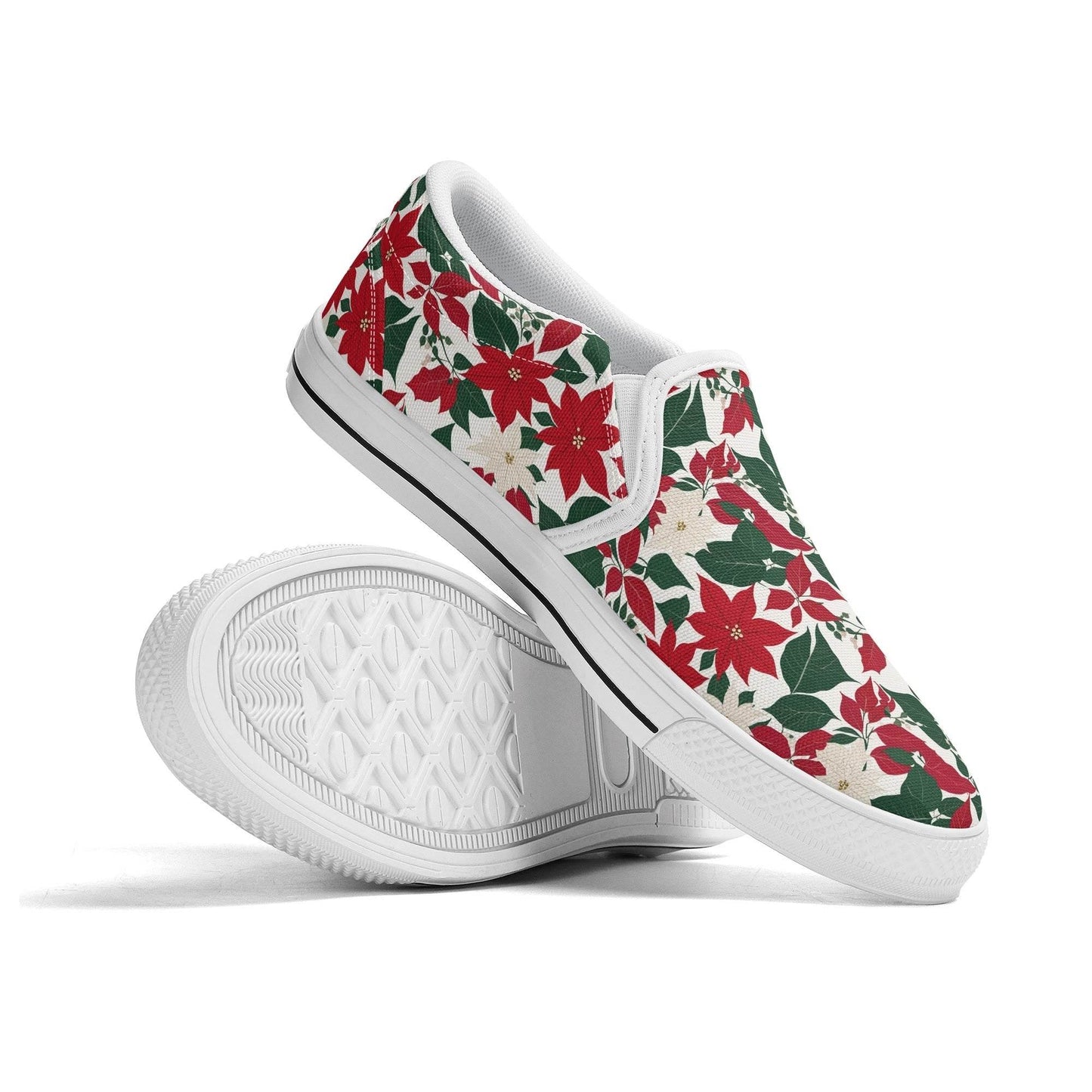 Men's Red and White Poinsettia Flower Rubber Slip On Shoes - DeRose Seasonal