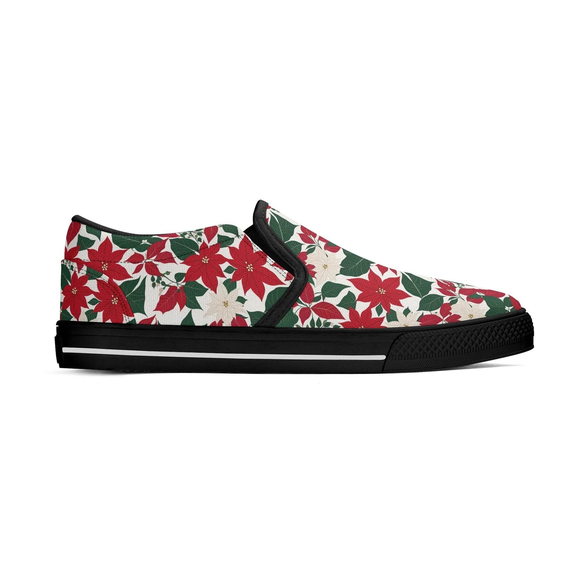 Men's Red and White Poinsettia Flower Rubber Slip On Shoes - DeRose Seasonal