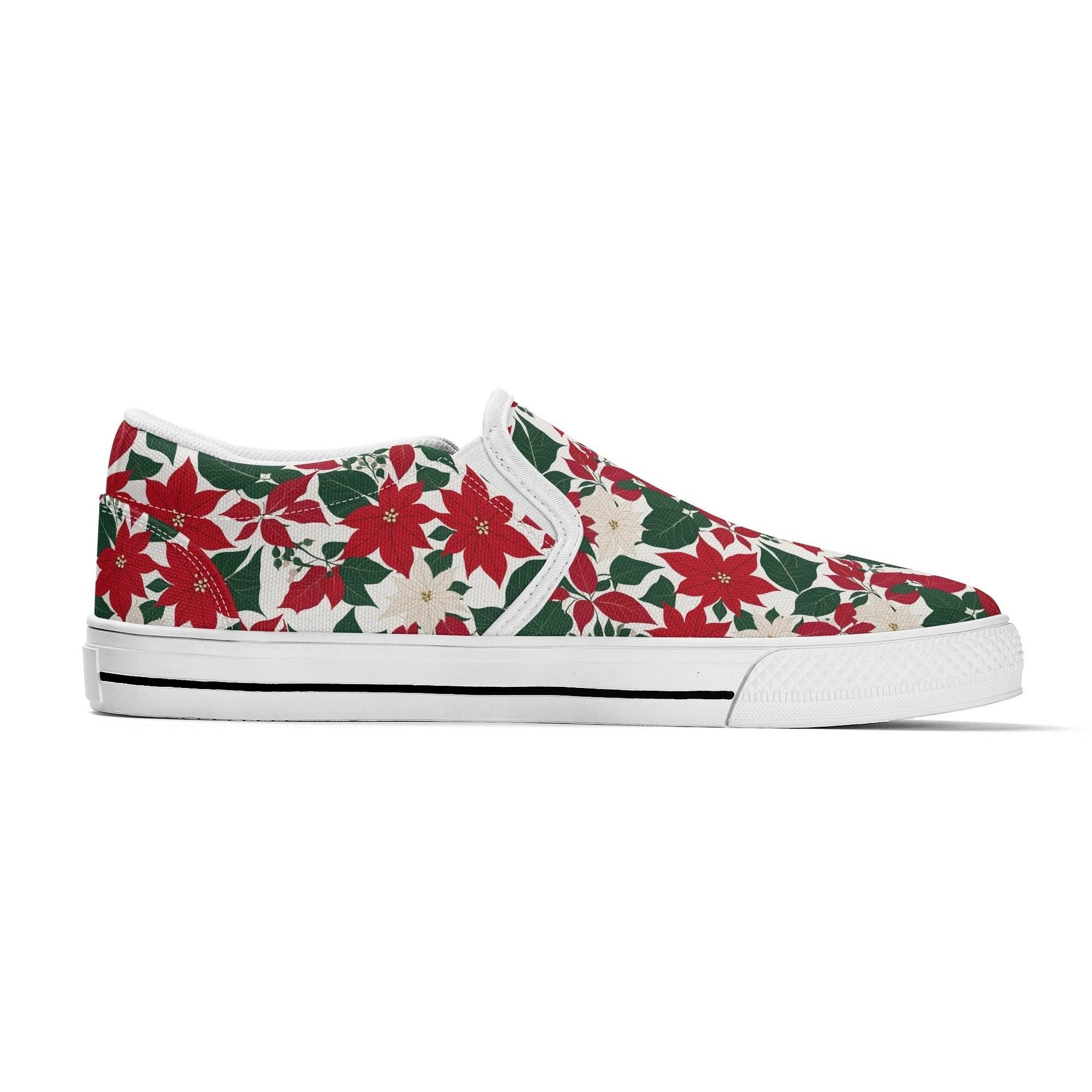 Men's Red and White Poinsettia Flower Rubber Slip On Shoes - DeRose Seasonal
