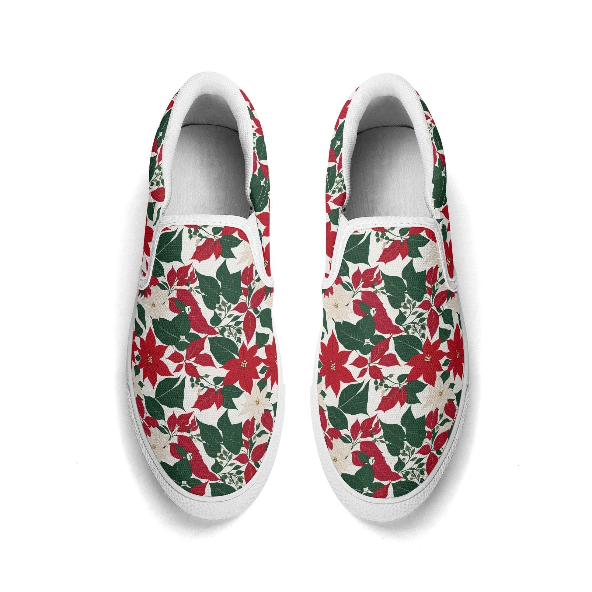 Men's Red and White Poinsettia Flower Rubber Slip On Shoes - DeRose Seasonal