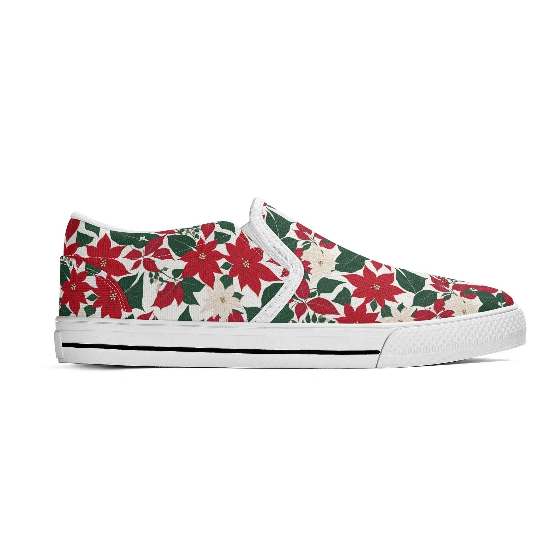 Men's Red and White Poinsettia Flower Rubber Slip On Shoes - DeRose Seasonal