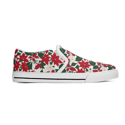 Men's Red and White Poinsettia Flower Rubber Slip On Shoes - DeRose Seasonal