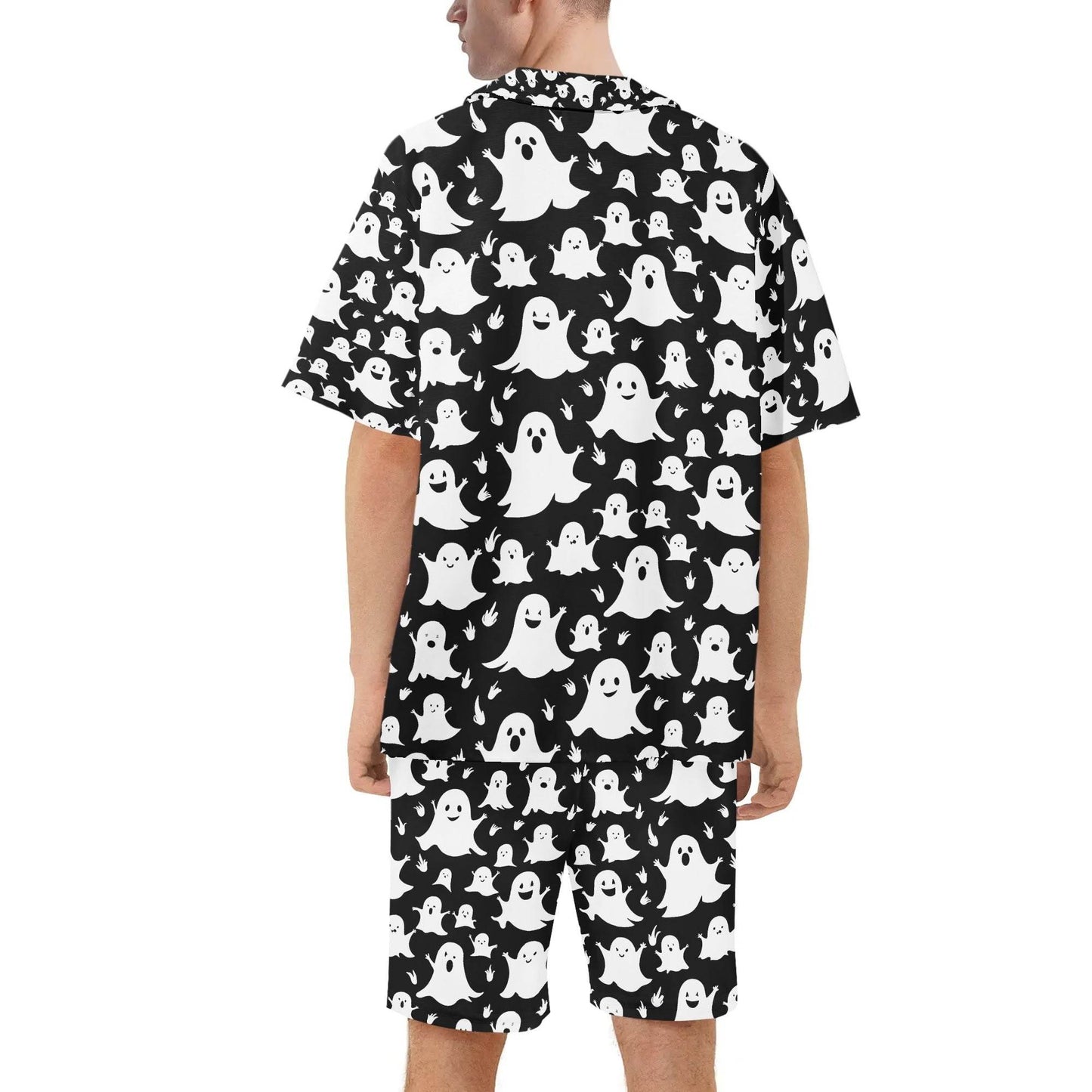 Men's Regular Fit Spooky Ghost Hawaiian Short Sleeve Shirt and Shorts Set - DeRose Seasonal