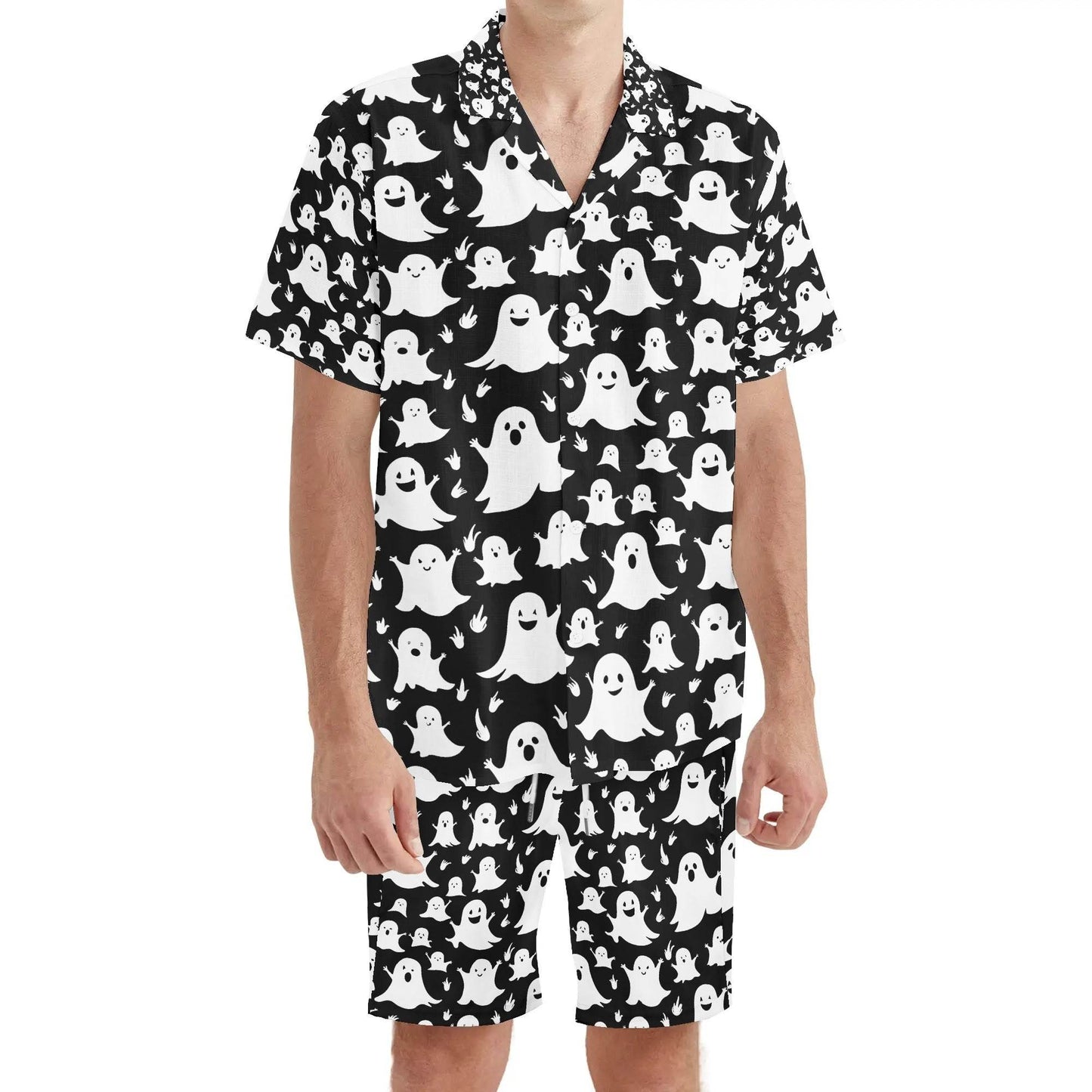 Men's Regular Fit Spooky Ghost Hawaiian Short Sleeve Shirt and Shorts Set - DeRose Seasonal