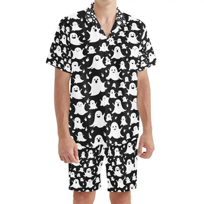 Men's Regular Fit Spooky Ghost Hawaiian Short Sleeve Shirt and Shorts Set - DeRose Seasonal