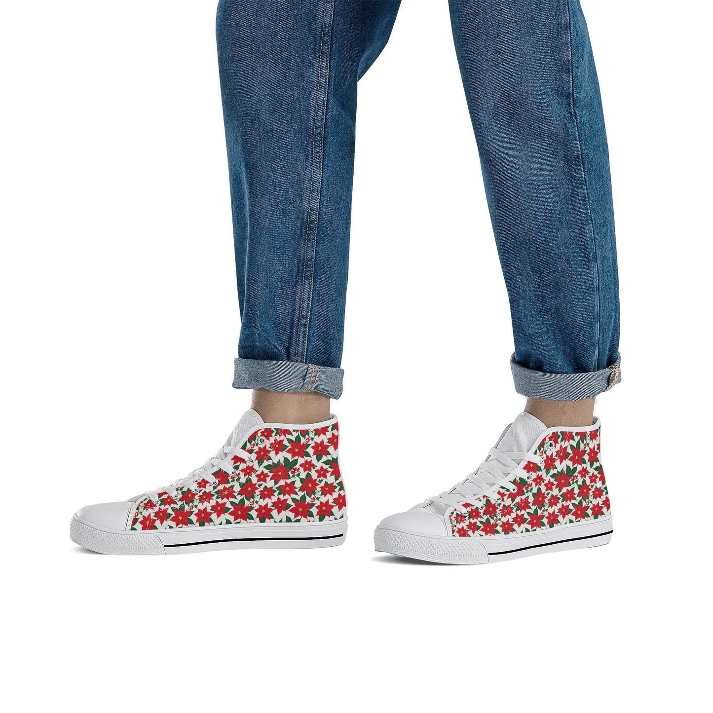 Men's Rubber High Top Floral Poinsettia Canvas Shoes - DeRose Seasonal