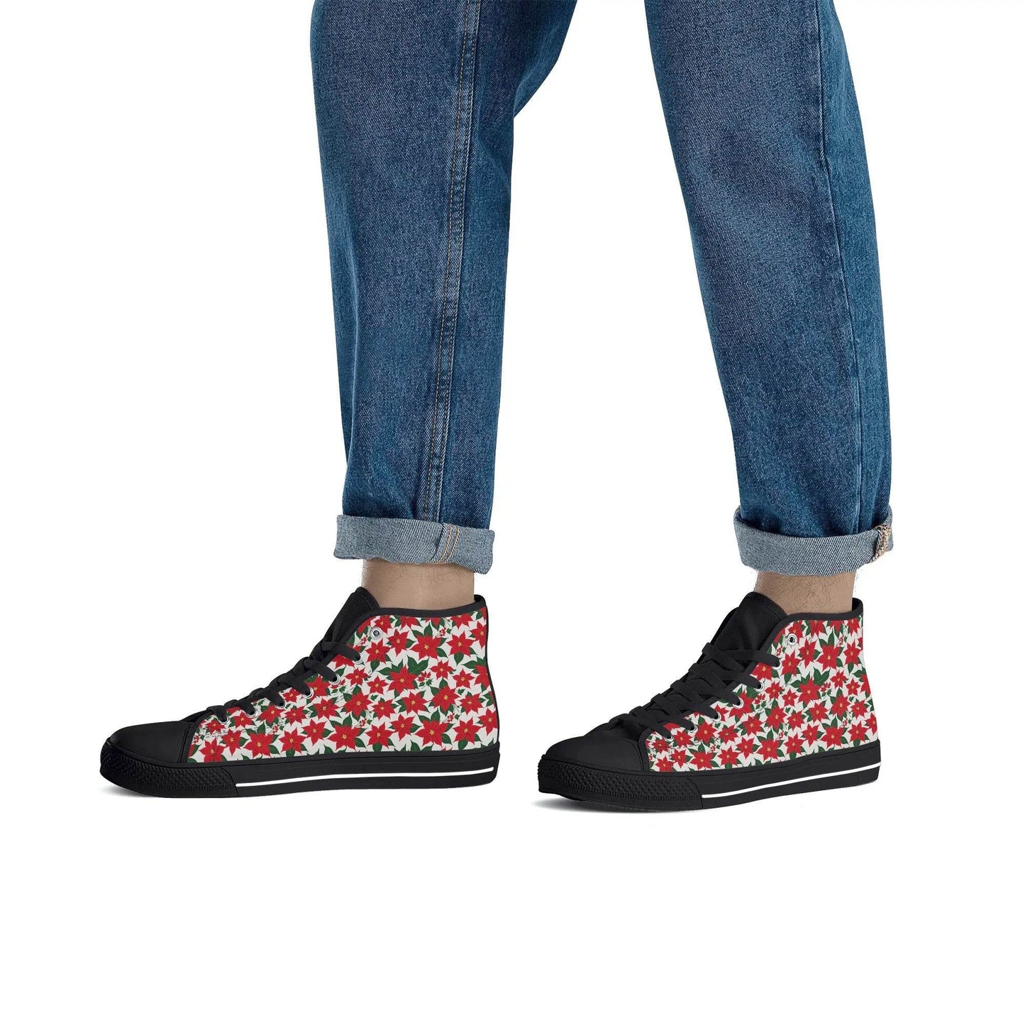 Men's Rubber High Top Floral Poinsettia Canvas Shoes - DeRose Seasonal