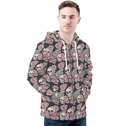 Men's Skull and Pink Rose Classic Zip Up Hoodie Warm Jacket - DeRose Seasonal