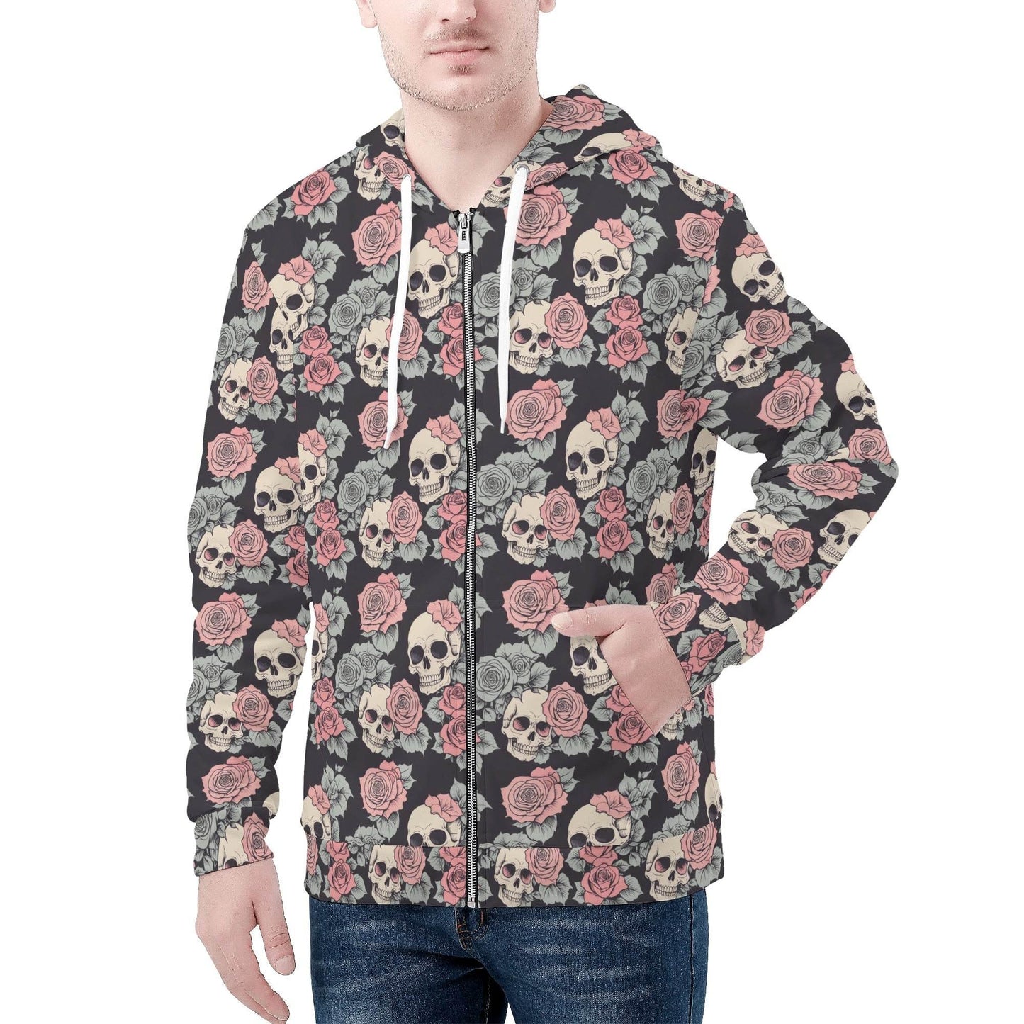 Men's Skull and Pink Rose Classic Zip Up Hoodie Warm Jacket - DeRose Seasonal