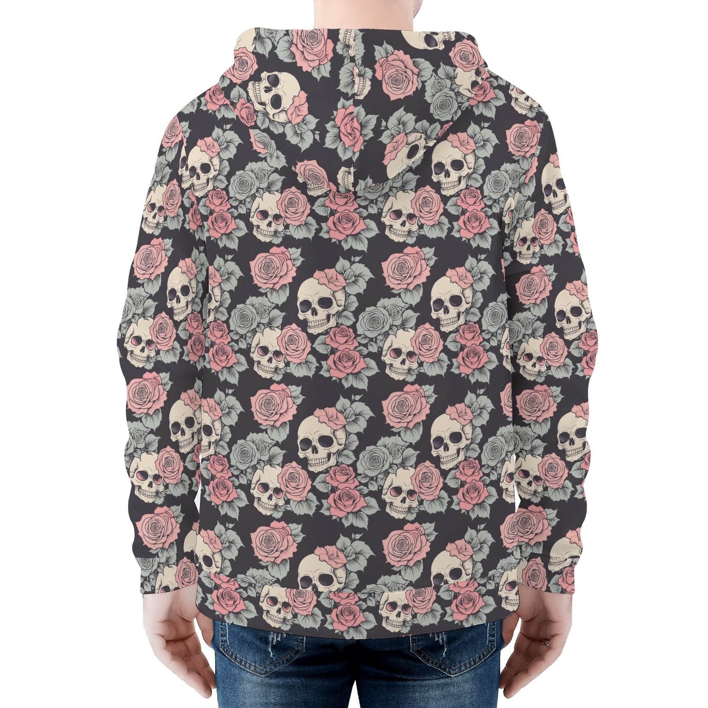 Men's Skull and Pink Rose Classic Zip Up Hoodie Warm Jacket - DeRose Seasonal