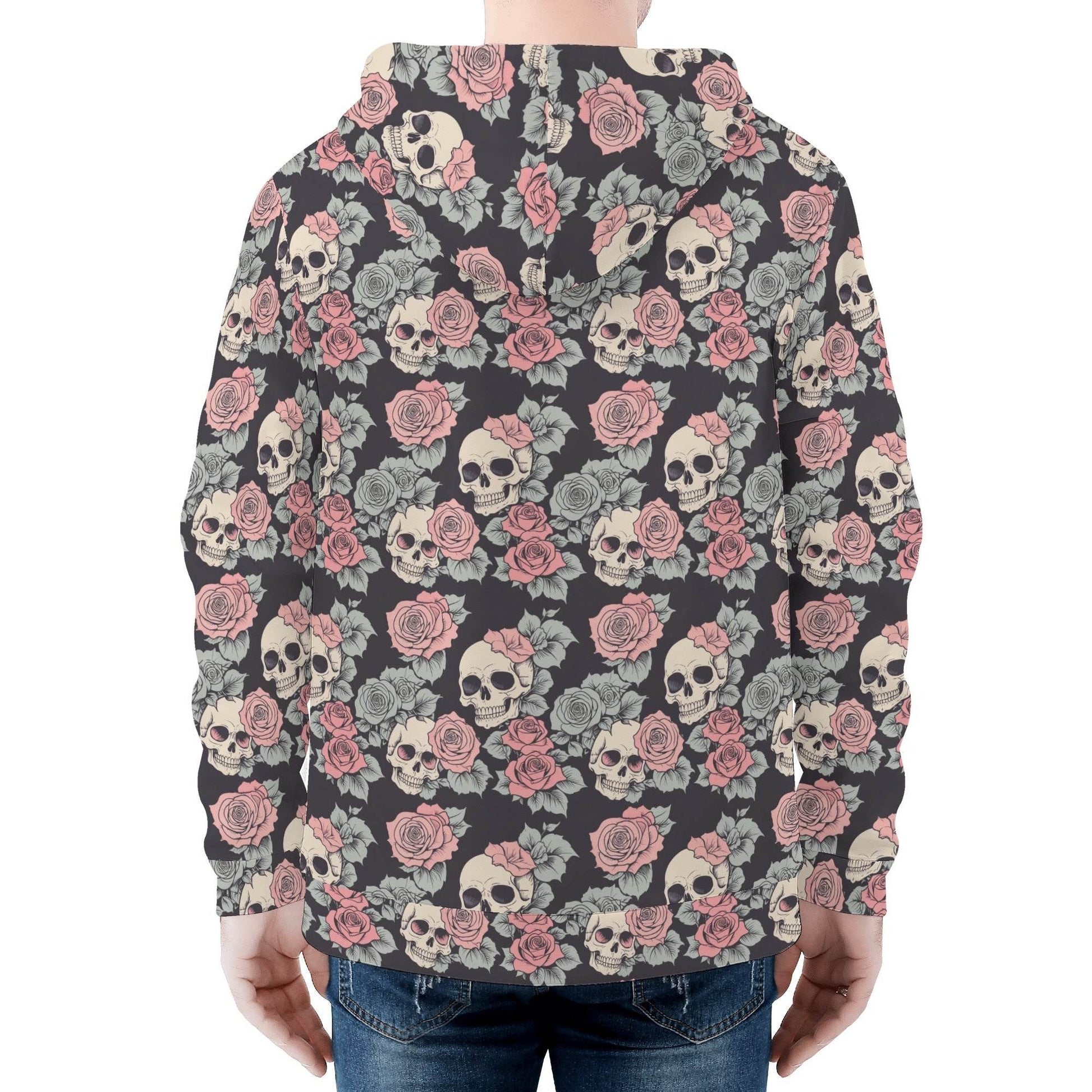 Men's Skull and Pink Rose Classic Zip Up Hoodie Warm Jacket - DeRose Seasonal