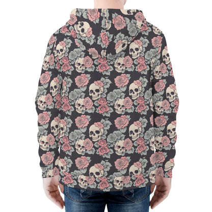 Men's Skull and Pink Rose Classic Zip Up Hoodie Warm Jacket - DeRose Seasonal
