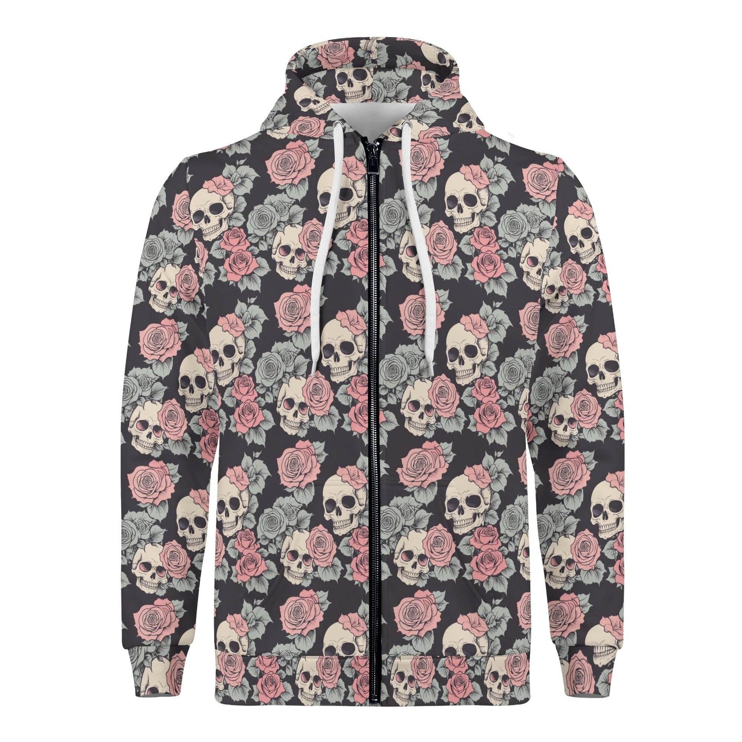 Men's Skull and Pink Rose Classic Zip Up Hoodie Warm Jacket - DeRose Seasonal