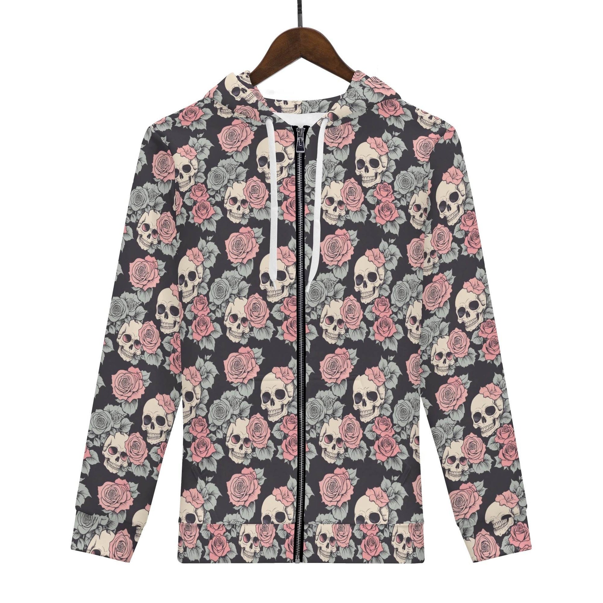 Men's Skull and Pink Rose Classic Zip Up Hoodie Warm Jacket - DeRose Seasonal