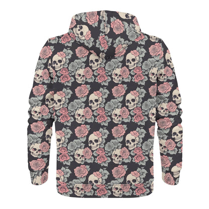 Men's Skull and Pink Rose Classic Zip Up Hoodie Warm Jacket - DeRose Seasonal