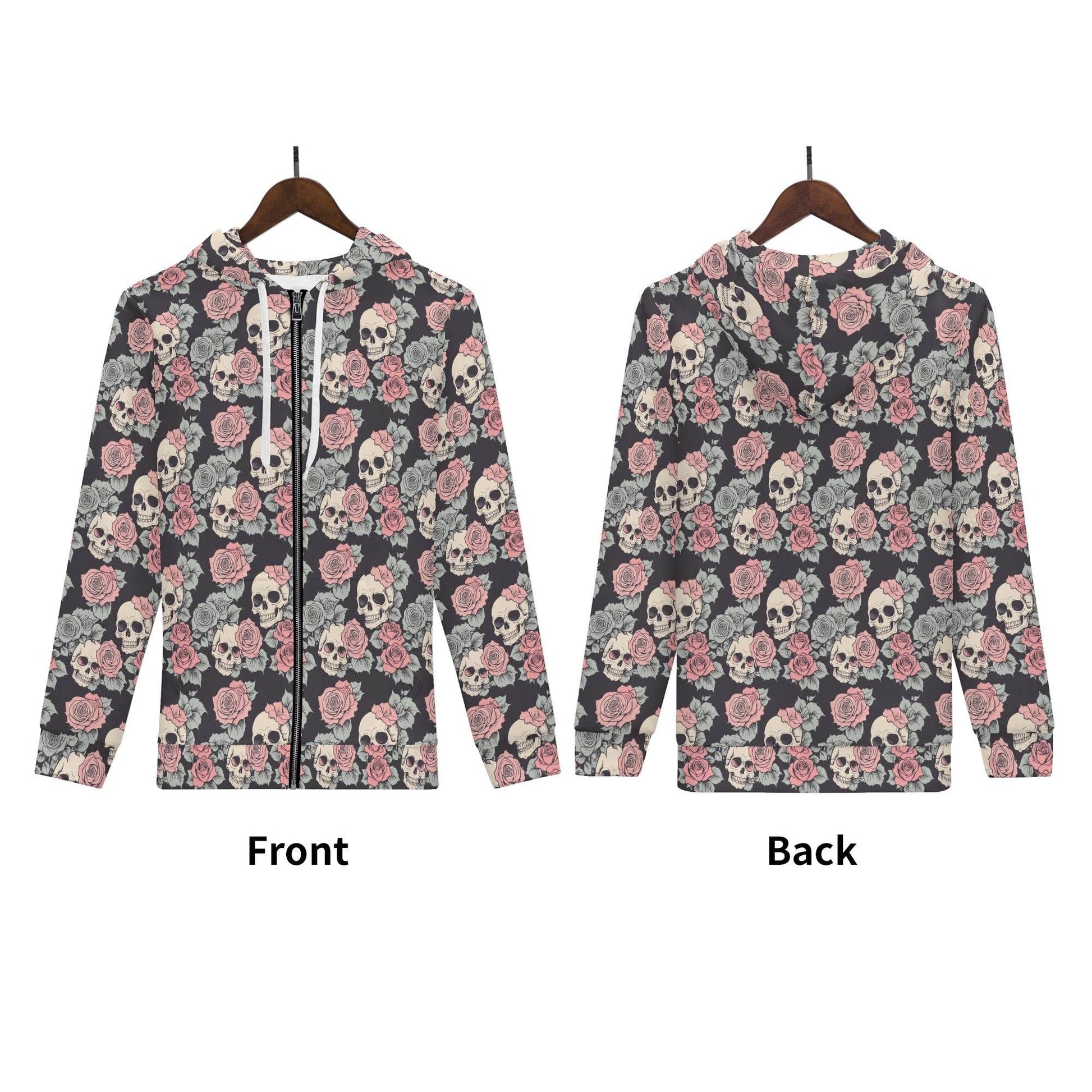 Men's Skull and Pink Rose Classic Zip Up Hoodie Warm Jacket - DeRose Seasonal